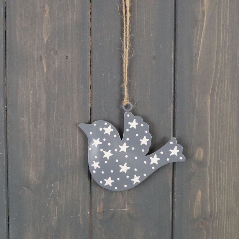 Grey with Stars Metal Hanging Bird (10cm) detail page